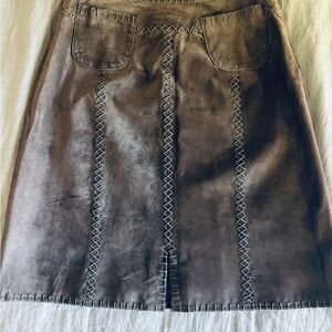 J Jill Genuine Leather Suede Midi Skirt Taupe Brown Stitching Lined size 10P EUC